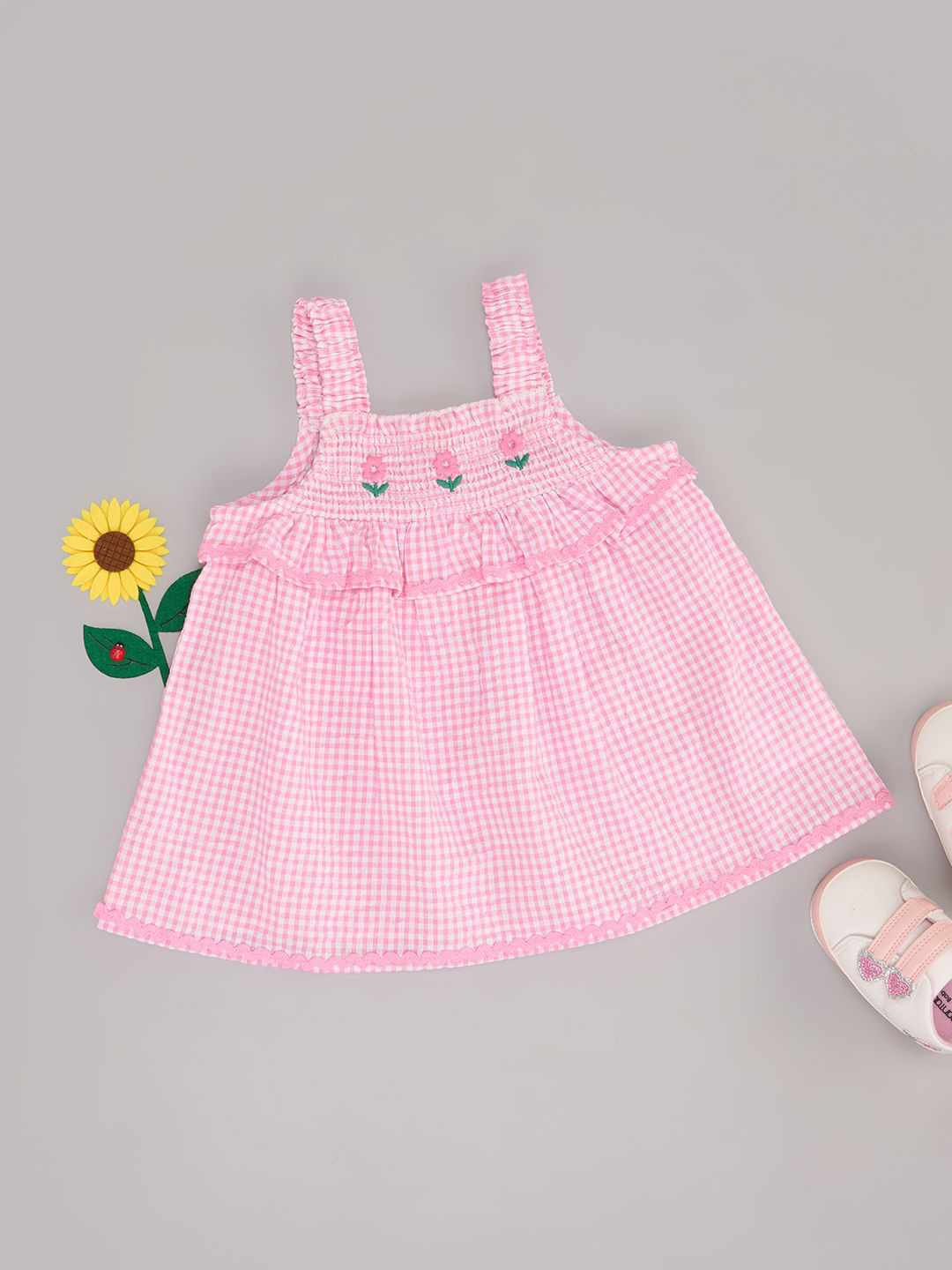 Pantaloons Baby Girls Checked Shoulder Straps Pure Cotton A-Line Top