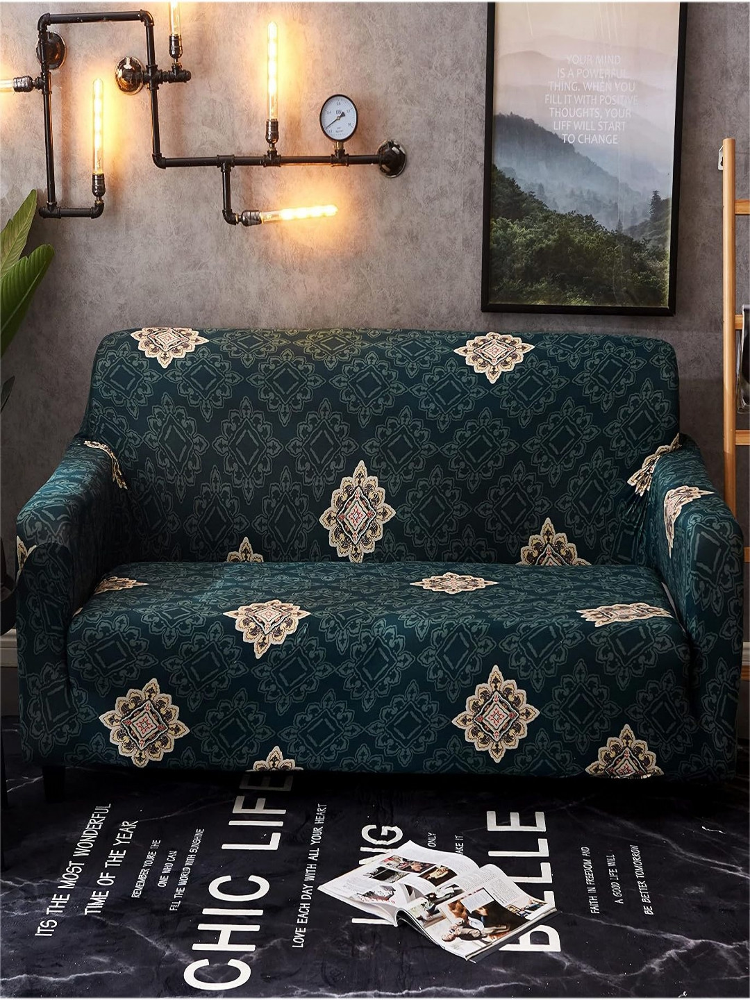 HOUSE OF QUIRK Single Seater Green & White Printed Sofa Cover With Arms