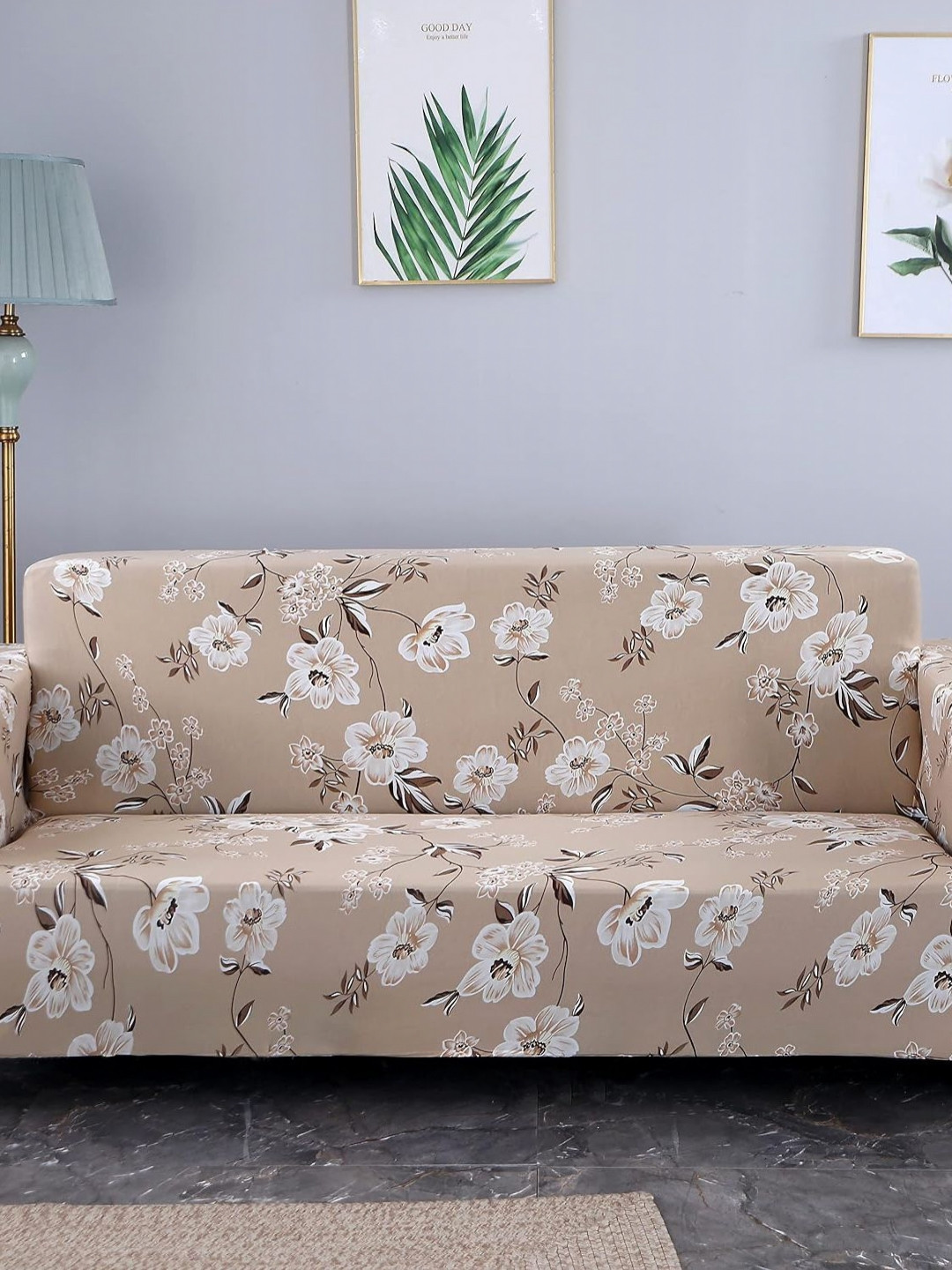 HOUSE OF QUIRK Single Seater Cream & White Printed Polyester Sofa Cover With Arms