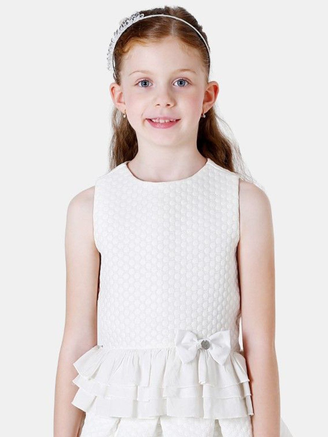 One Friday Girls Off White Jacquard Dotted Top