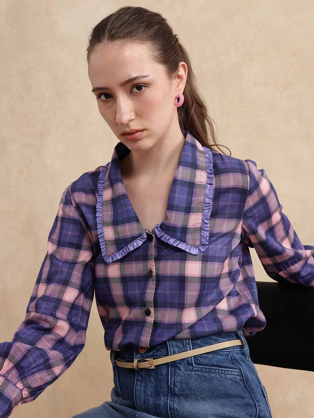 RAREISM Women Checked SHELLBUTO Primary Purple Cotton Shirt Style Top