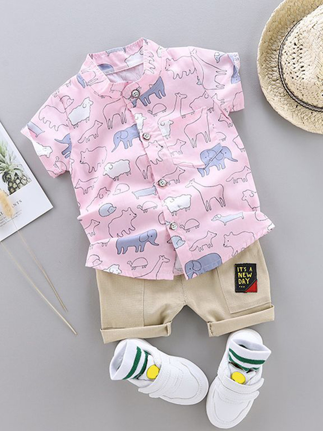 DANGAR Unisex Kids Printed Mandarin Collar Shirt with Shorts