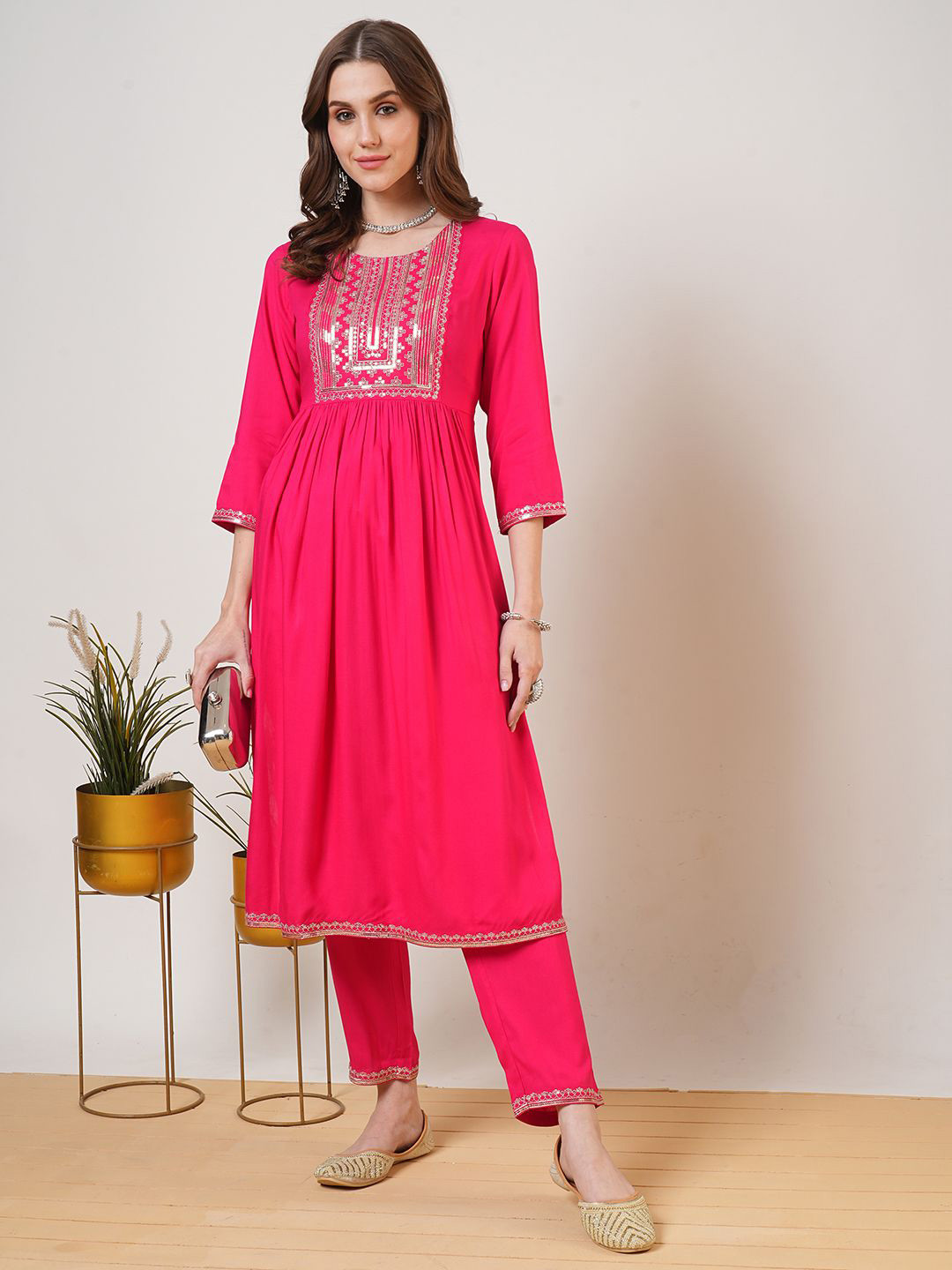Globus Zari & Sequinned Yoke Gathered A-Line Kurta With Straight Pants Festive Set