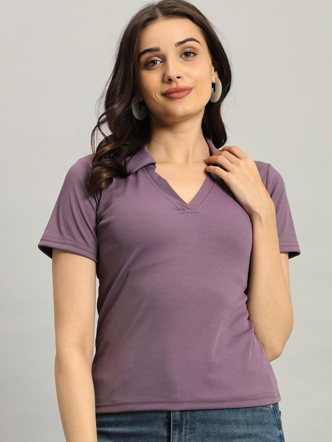 REBERRY Ribbed Shirt Collar Top