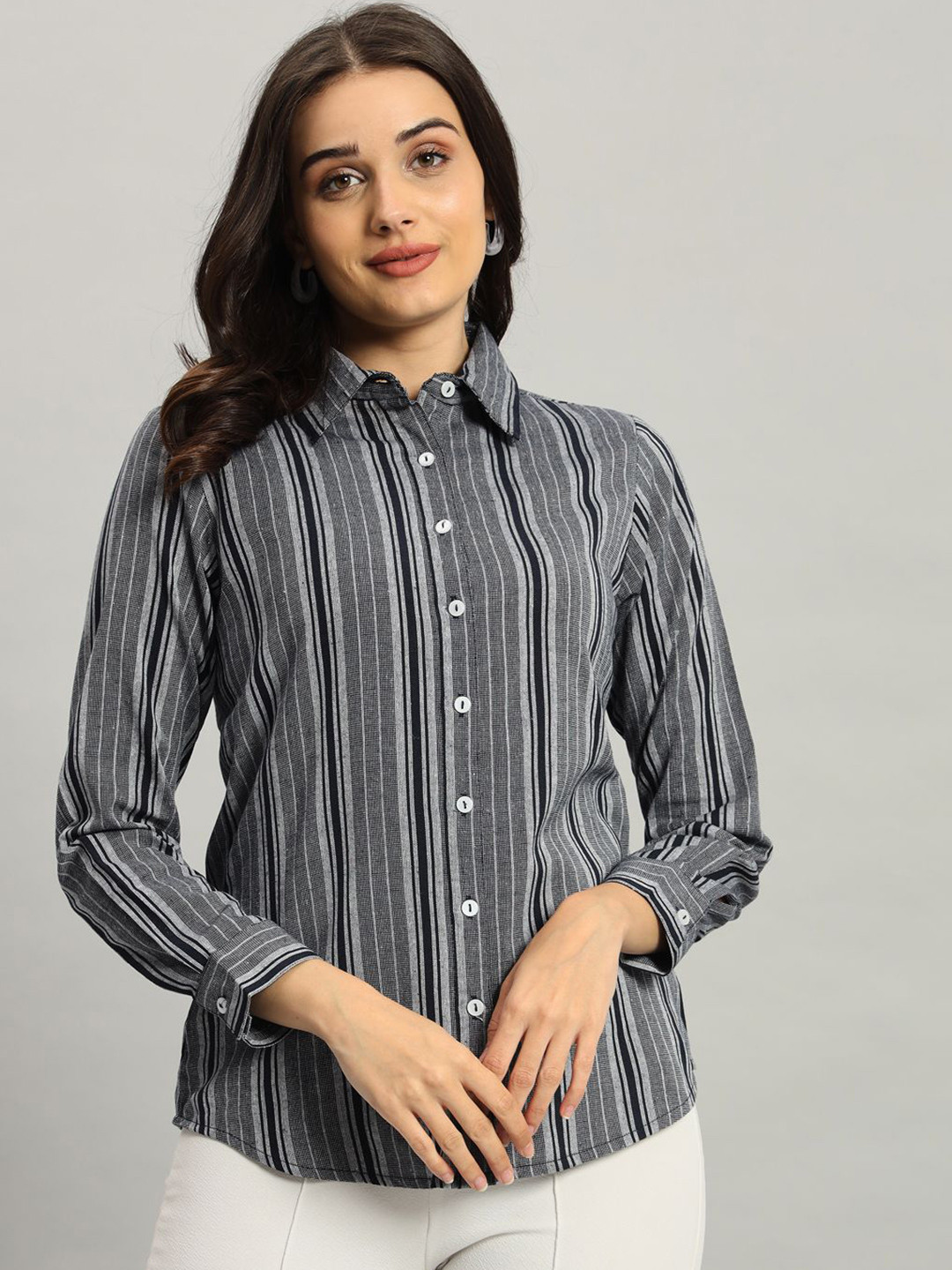 REBERRY Women Striped Cotton Shirt