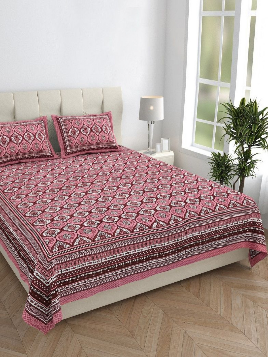 HOMELINE Jaipuri Purple Ethnic Motifs Cotton 144 TC Queen Bedsheet with 2 Pillow Covers-93 x 85 inches