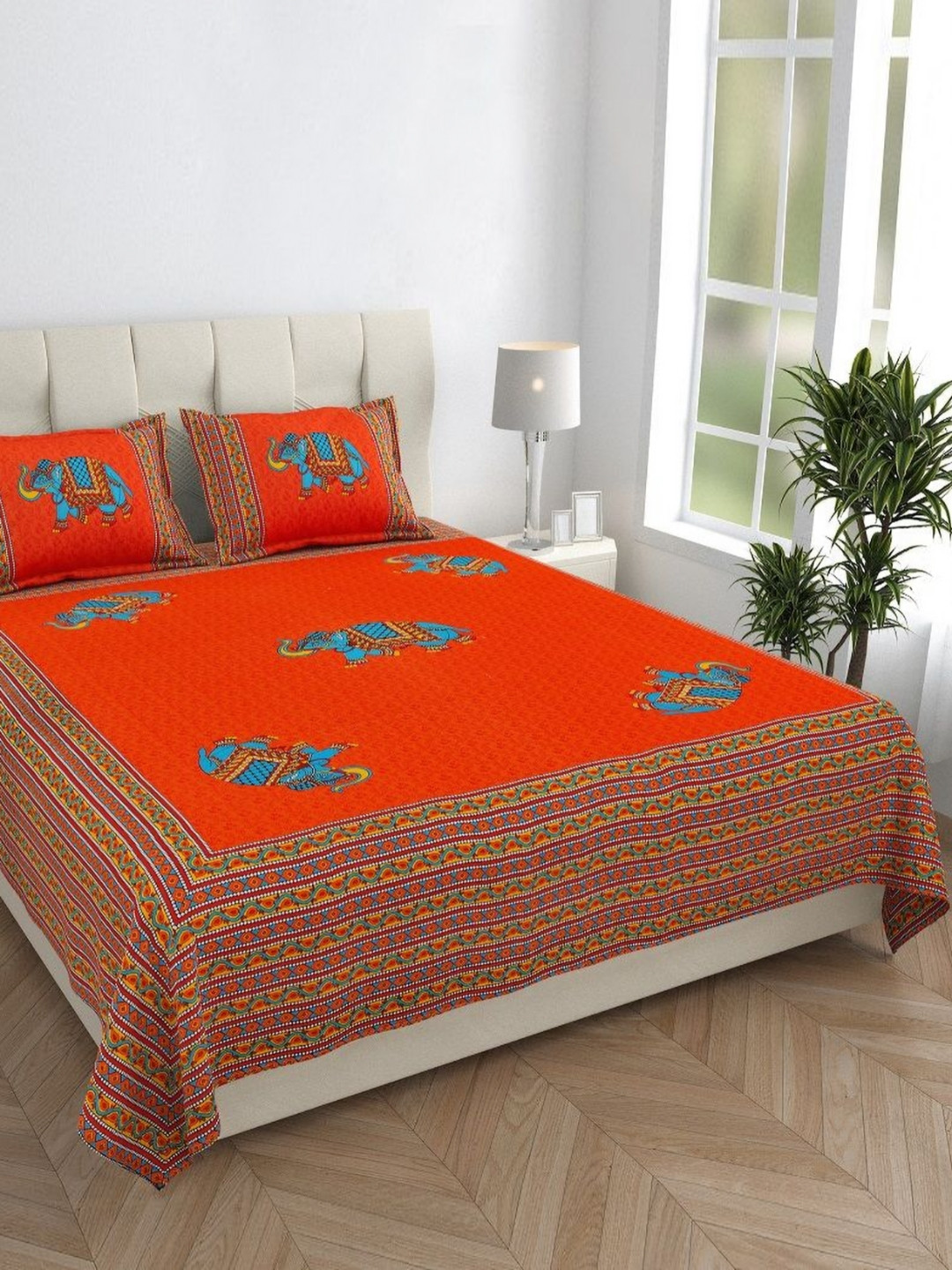 HOMELINE Live Beautiful Orange Graphic Cotton 144 TC Queen Bedsheet with 2 Pillow Covers-235 x 215 cm