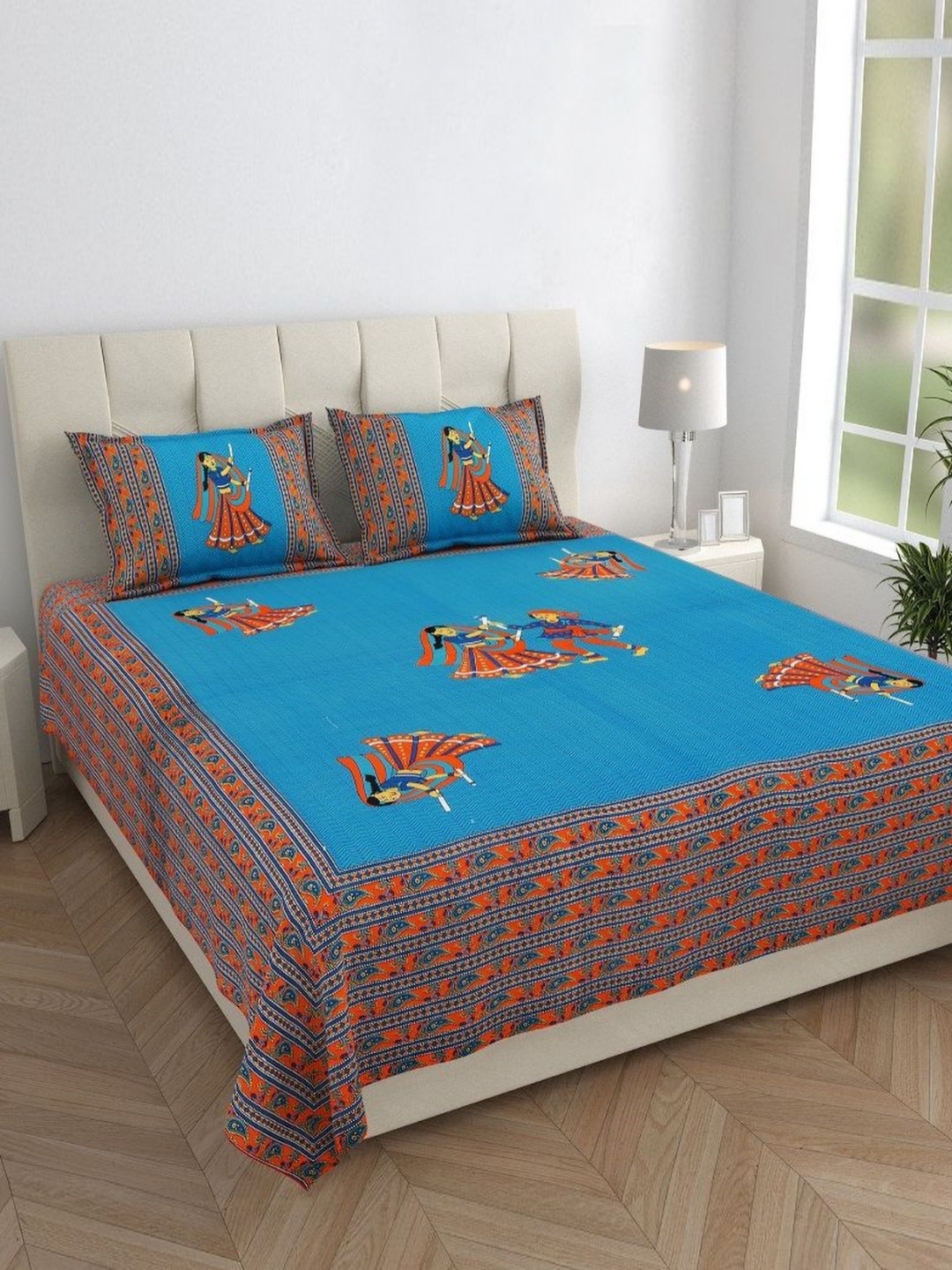 HOMELINE Dandiya Blue Ethnic Motifs Cotton 144 TC Queen Bedsheet with 2 Pillow Covers-93 x 85 inches