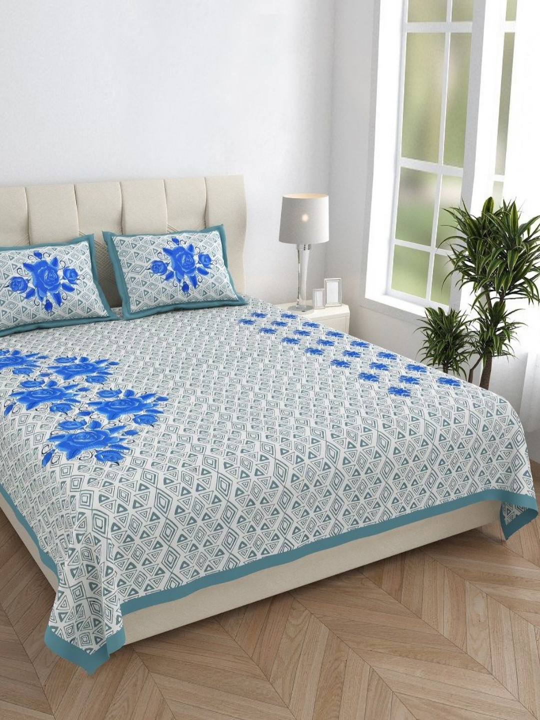 HOMELINE Blue Floral Cotton 144 TC Queen Bedsheet with 2 Pillow Covers-93 x 85 inches