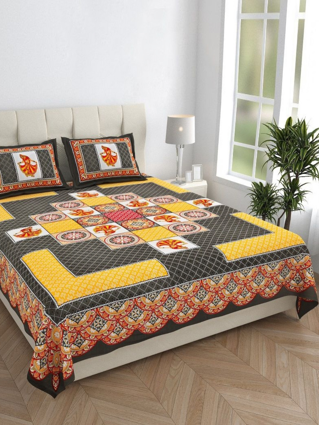 HOMELINE Gujari Black Ethnic Motifs Cotton Skin-Friendly 144 TC Queen Bedsheet with 2 Pillow Covers-235 x 215 cm