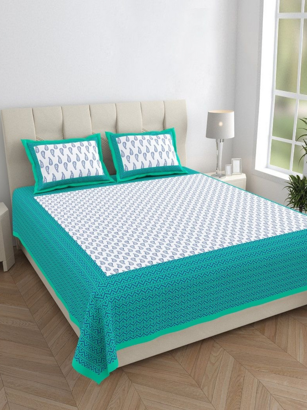 HOMELINE Kamalbooti Turquoise Blue Paisley Cotton 144 TC Queen Bedsheet with 2 Pillow Covers-93 x 85 inches