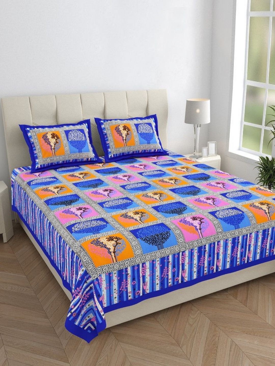 HOMELINE Blue Floral Cotton 144 TC Queen Bedsheet with 2 Pillow Covers-235 x 215 cm