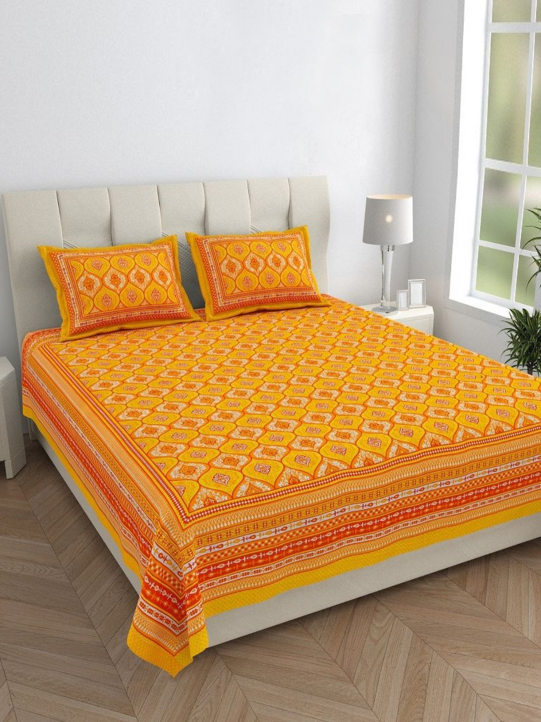 HOMELINE Jaipuri Yellow Ethnic Motifs Cotton 144 TC Queen Bedsheet with 2 Pillow Covers-93 x 85 inches