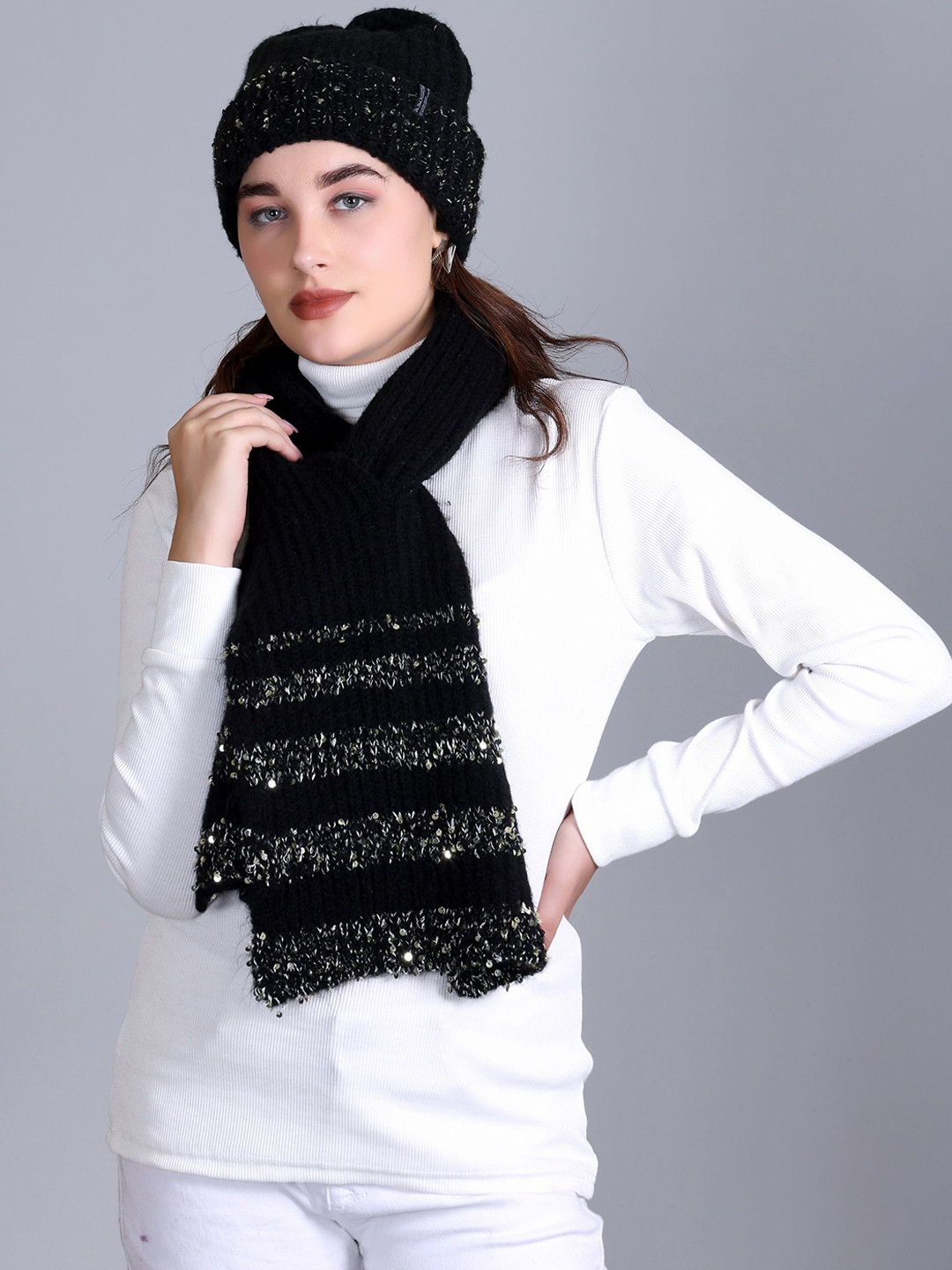 513 Women Sequin Work Muffler & Cap Set