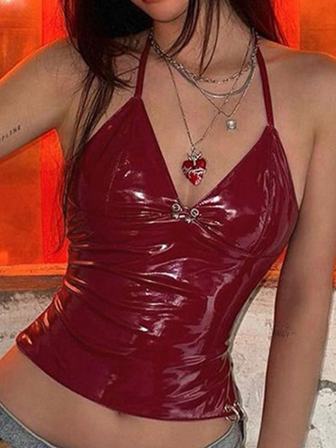 LULU & SKY Women PU Coated Halter Neck Crop Top