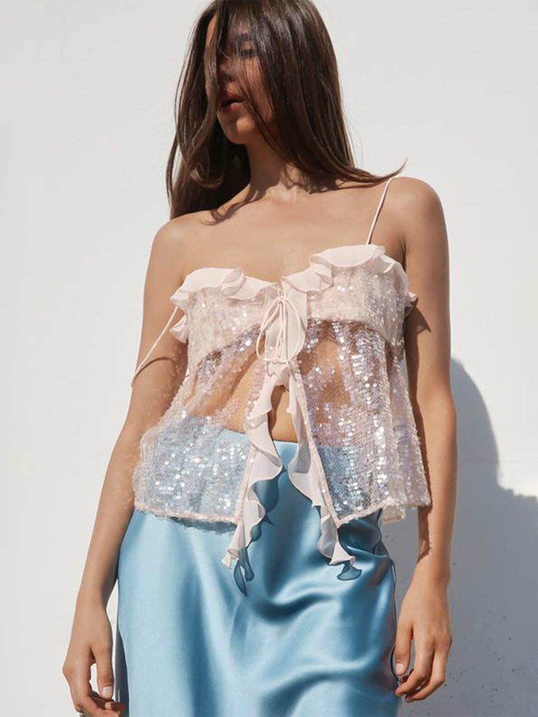 LULU & SKY Women Sequin Embellished Cami Crop Top