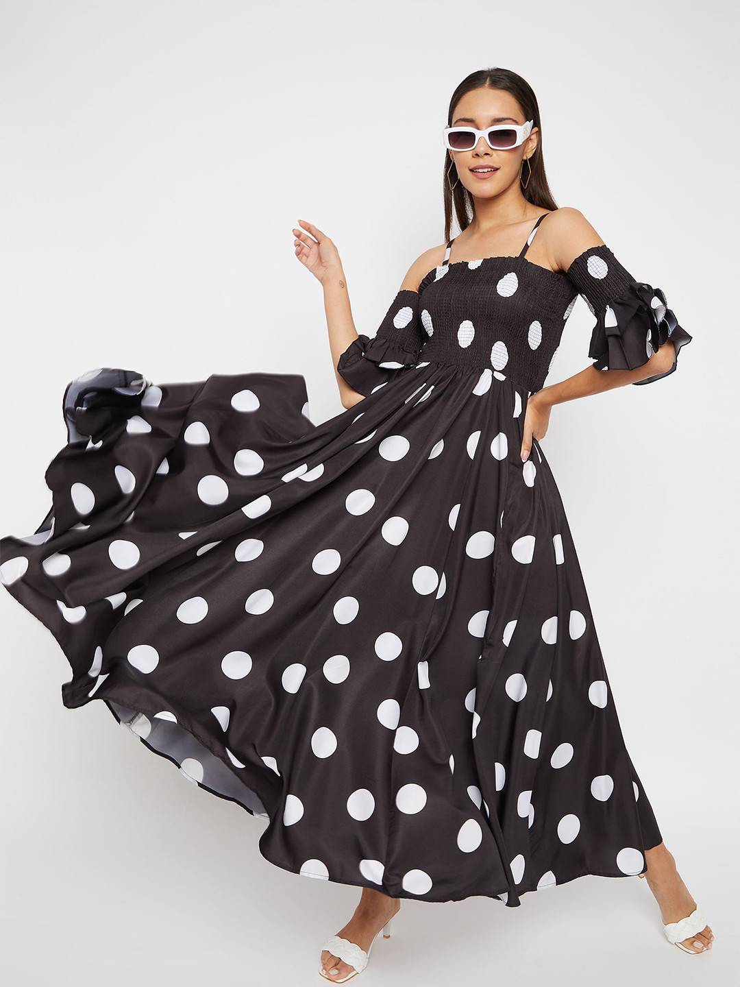 PANIT Women Polka Dot Print Bell Sleeve Fit & Flare Maxi Dress