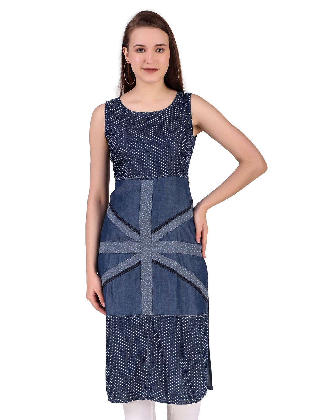 Pose india Women Polka Dot Printed Pure Cotton Denim Kurti