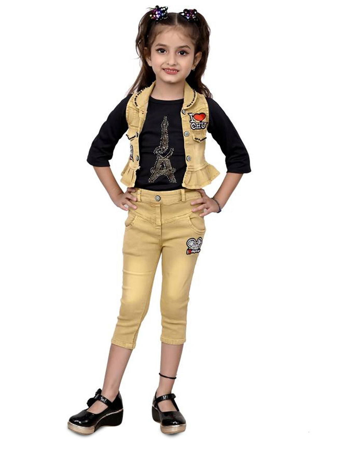 BAESD Girls Printed T-shirt with Capris And Waistcoat