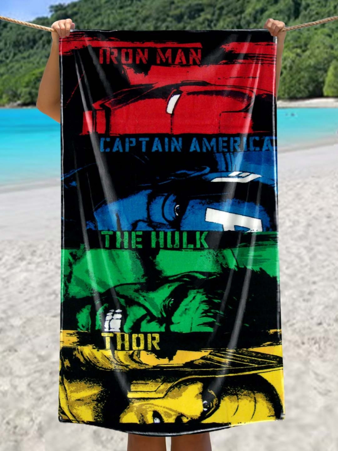 Marvel Black & Green Printed Cotton 350 GSM Bath Towel