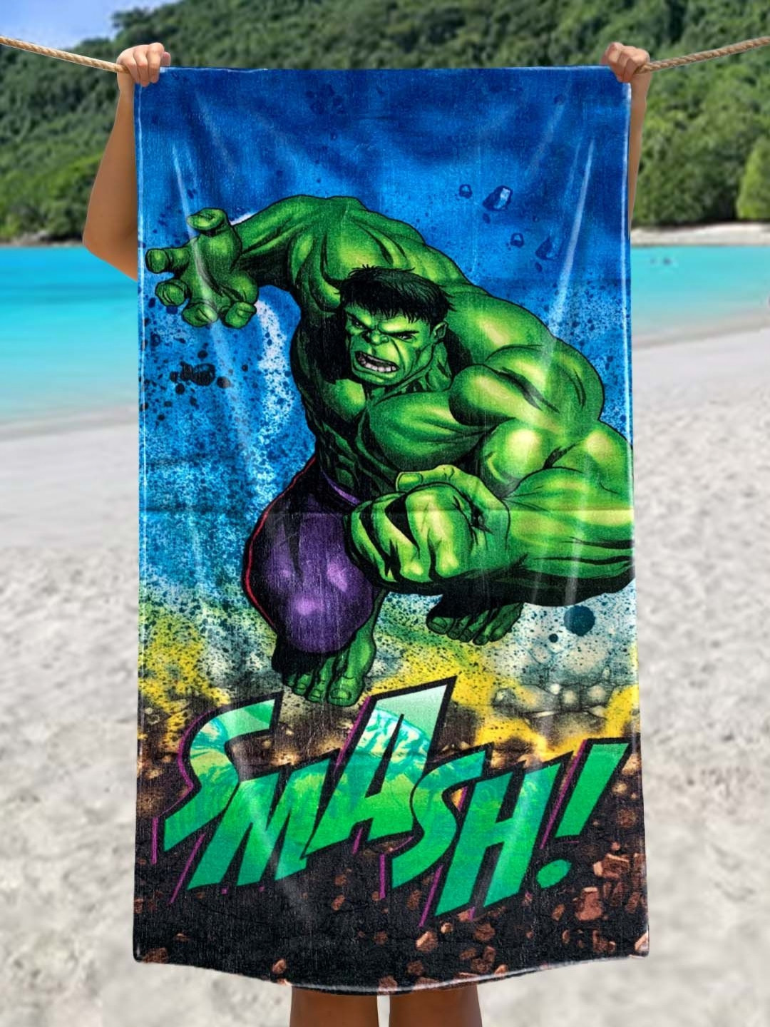 Marvel Blue & Green Hulk Printed Cotton 350 GSM Bath Towel