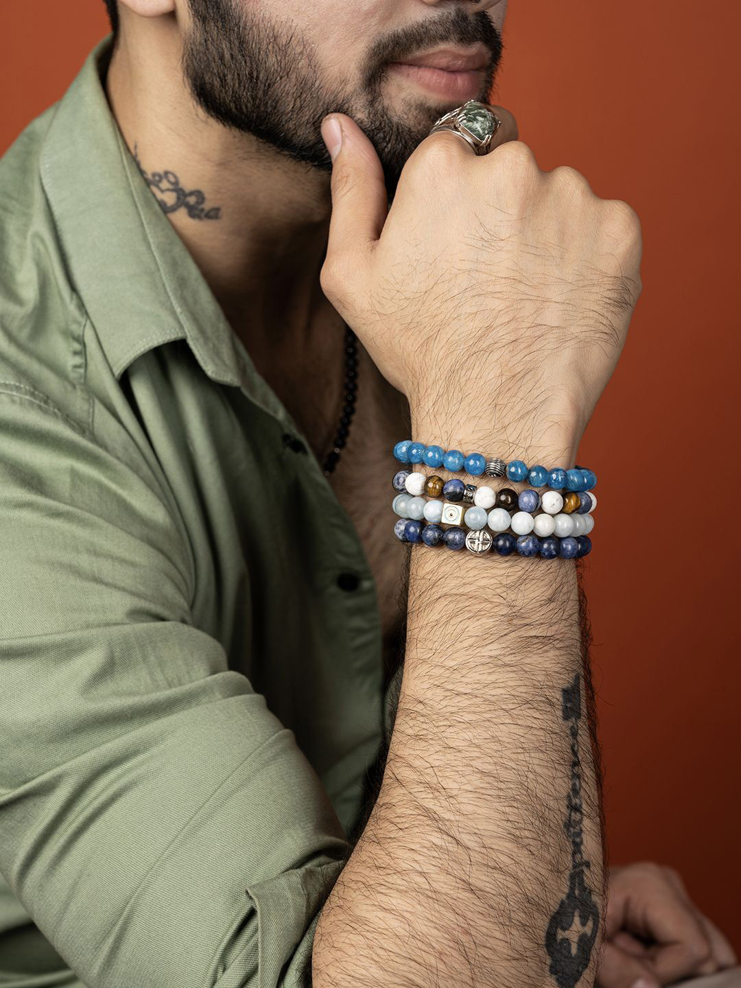 Stone Story By Shruti 925 Sterling Silver Rhodium-Plated Apatite With Om Bracelet