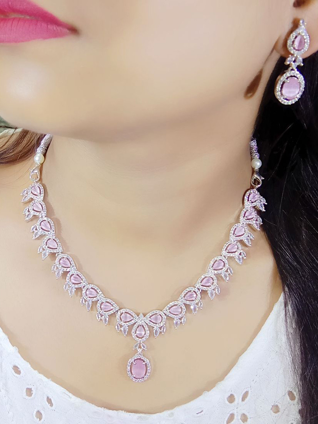 Ladymania Silver-Plated American Diamond Stone-Studded Jewellery Set
