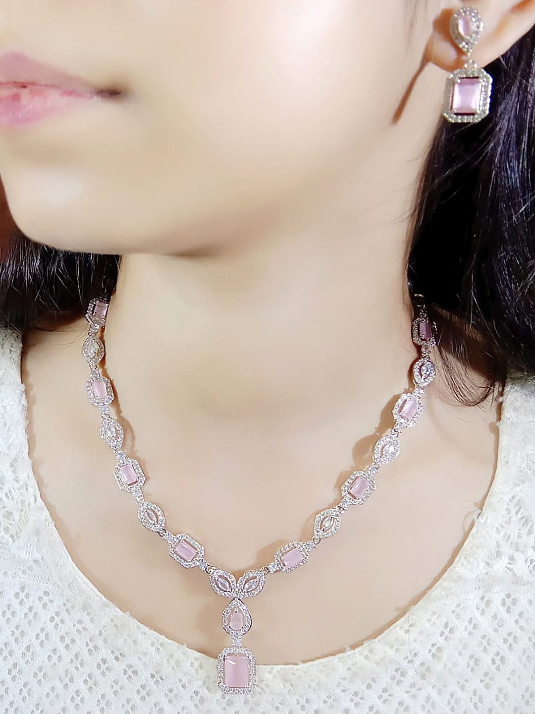 Ladymania Silver Plated AD Stone Studded Jewellery Set