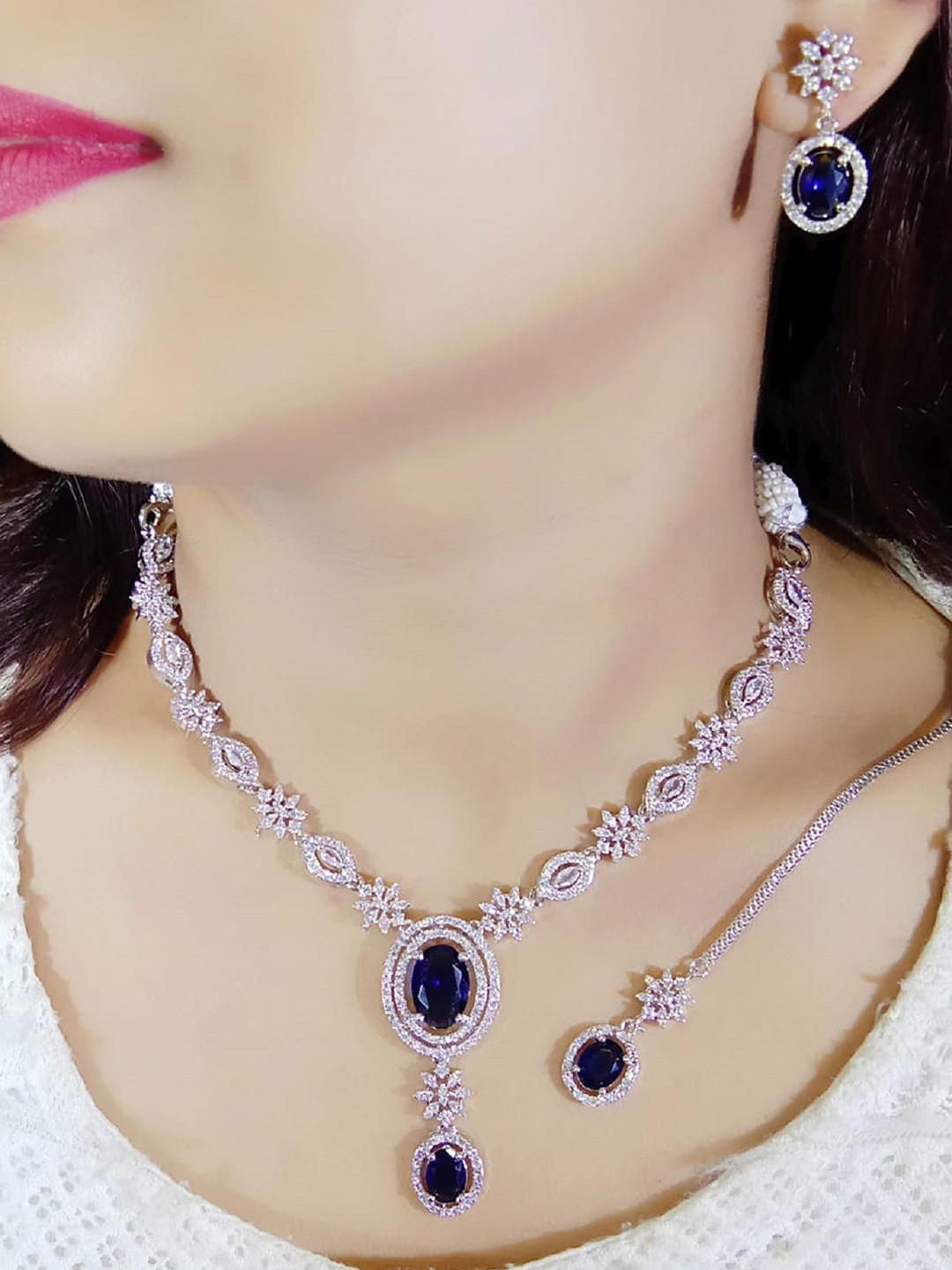 Ladymania Silver-Plated American Diamond Studded Jewellery Set