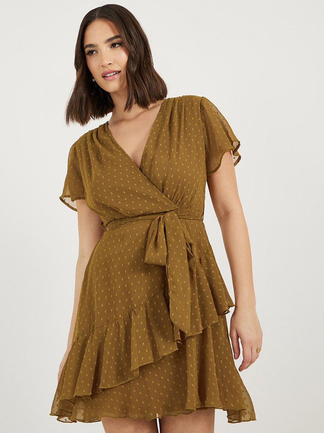 Styli Women V-Neck Wrap Mini Dress with Flutter Sleeves and Asymmetric Hem