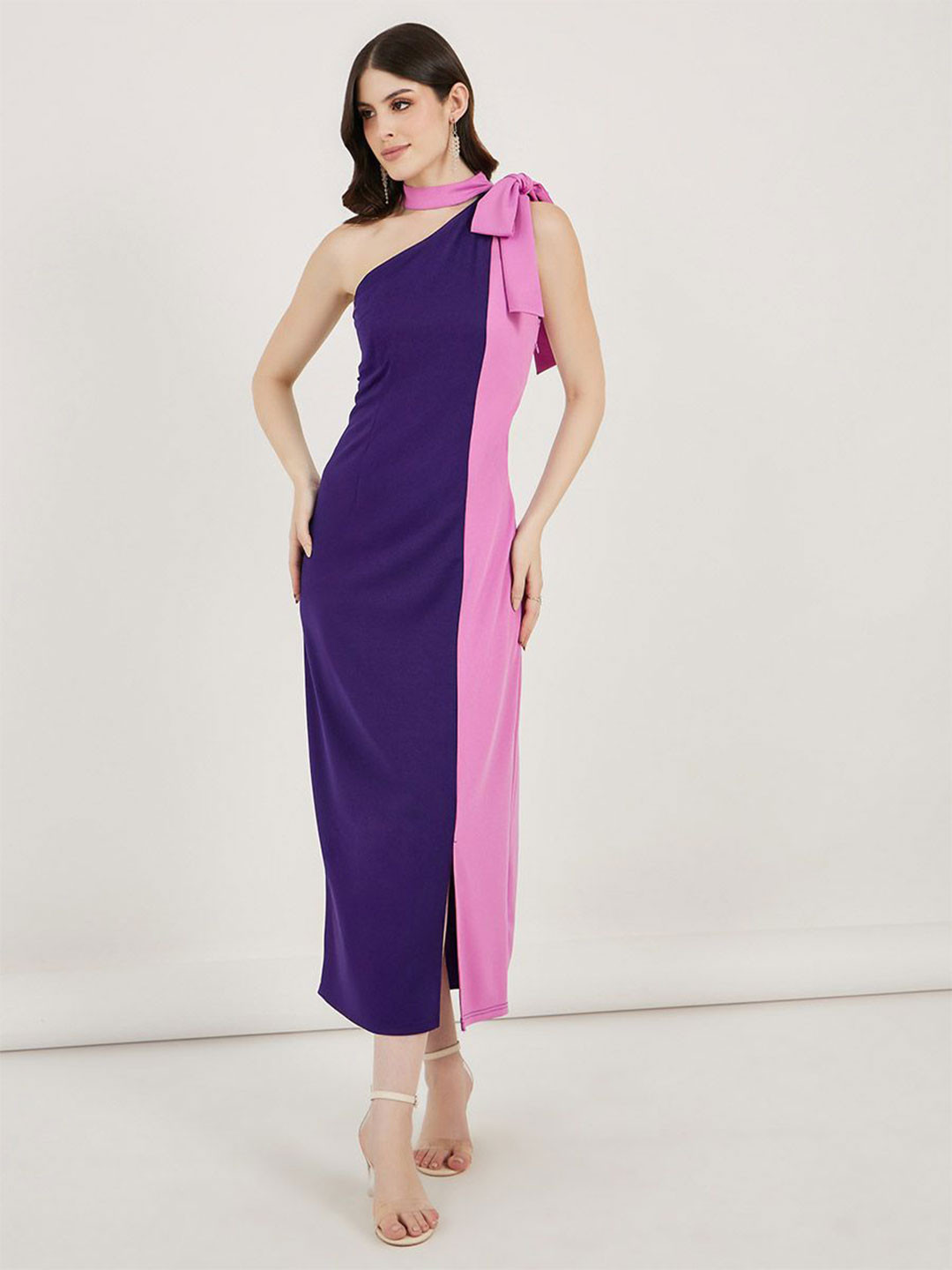 Styli Women Color-Block One Shoulder Sheath Maxi Dress with Neck Tie