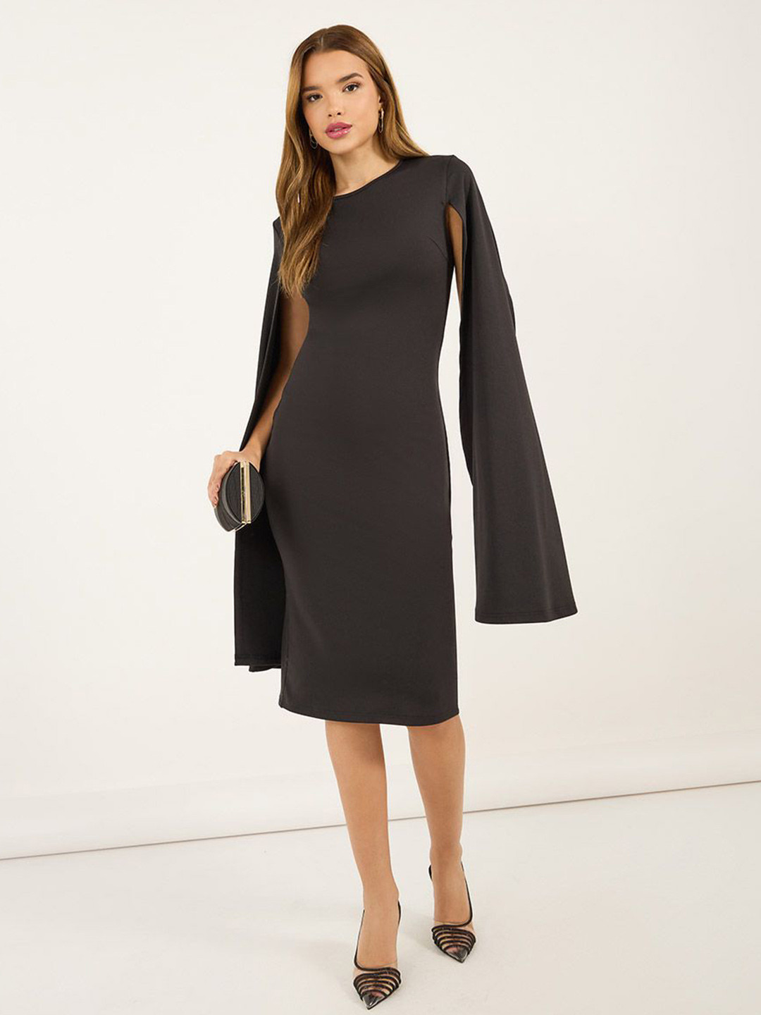 Styli Women Solid Long Cape Sleeve Sheath Midi Dress
