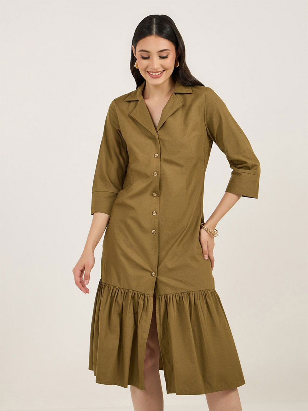 Styli Women Lapel Collar Three Quarter Sleeves A-Line Midi Dress