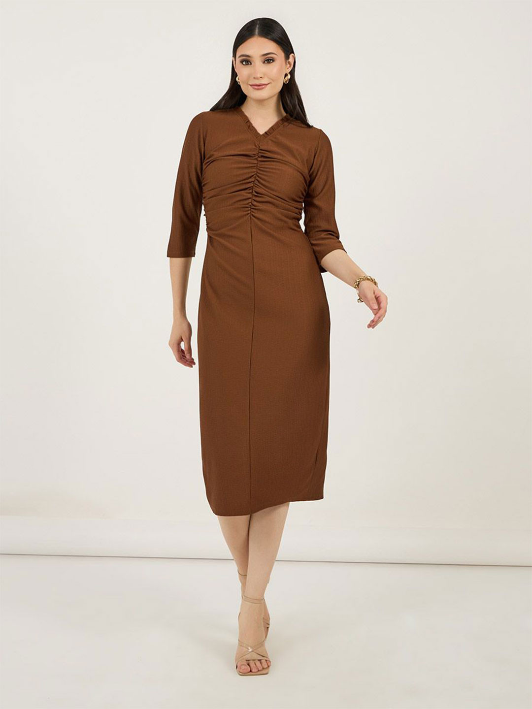 Styli Women V-Neck Solid Long Sleeves Sheath Midi Dress