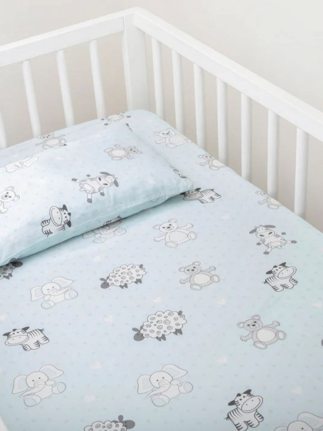 WAXWINGO Cuties Blue Animal Cotton 144 TC Fitted Crib Bedsheet with a Pillow Cover-140 x 70 inches
