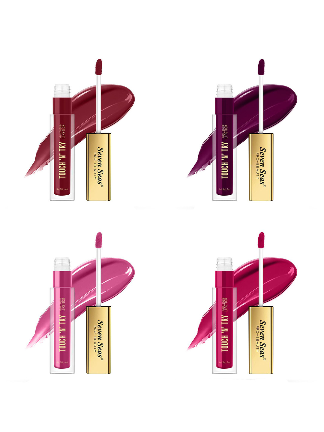Seven Seas Touch N Try Set Of 4 Velvet Matte Liquid Lipstick - 4ml Each- 01 - 02 - 03 - 04