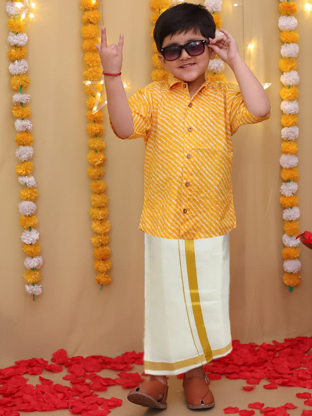 BownBee Leheriya Printed Pure Cotton Shirt With Mundu Dhoti