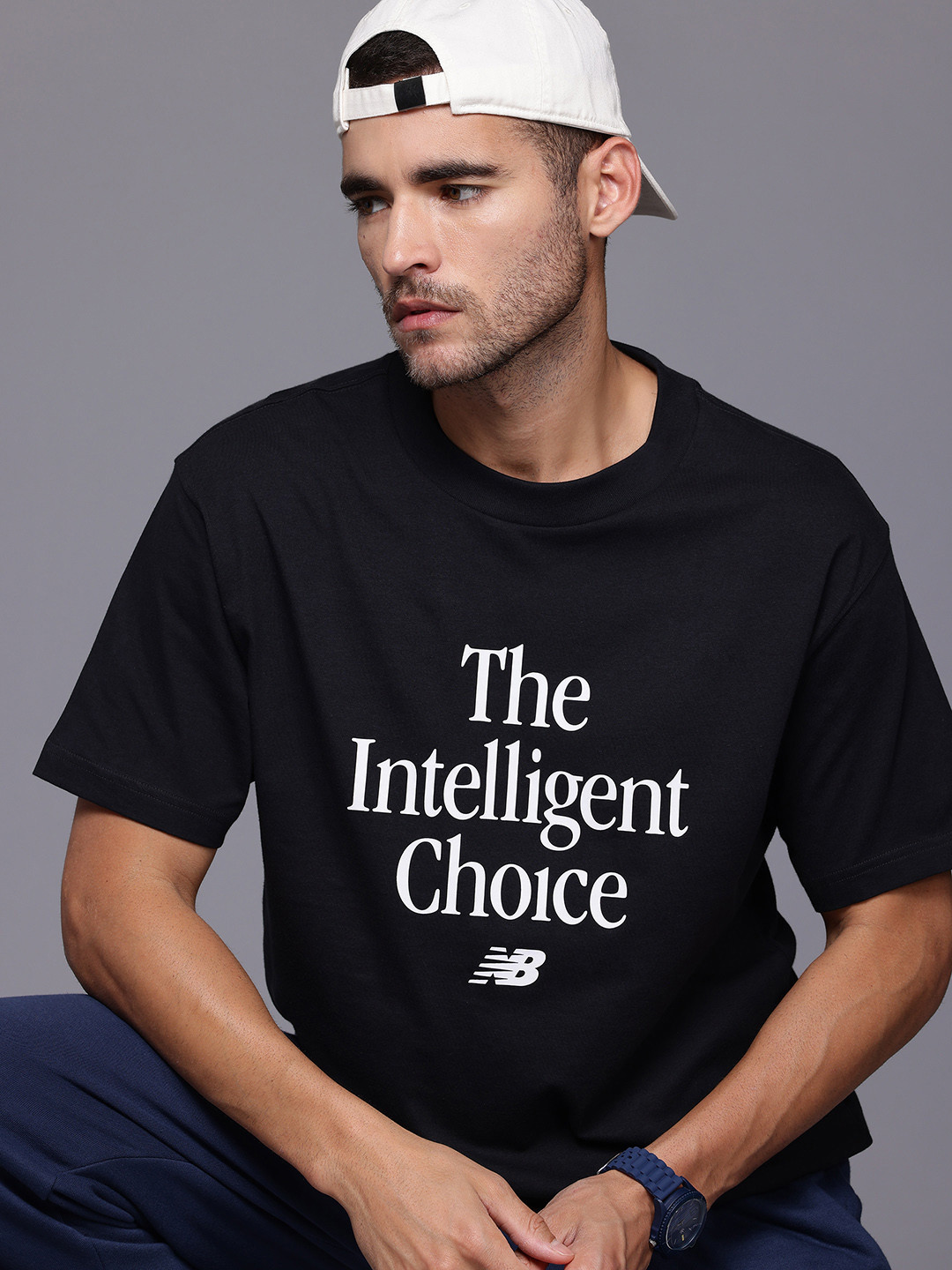 New Balance Typography Print Relaxed Fit Drop-Shoulder Sleeves Cotton Longline T-Shirt