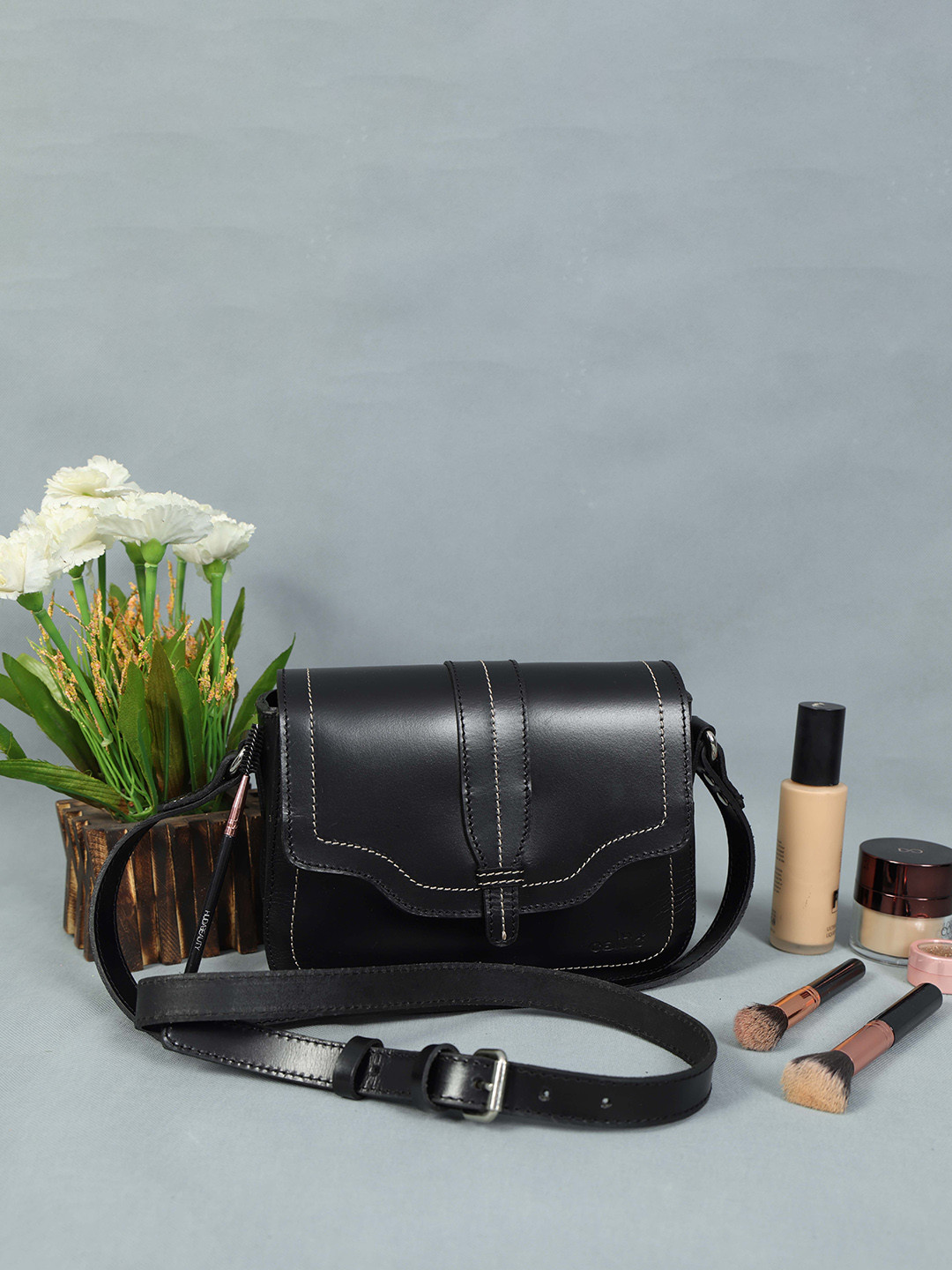 Celtic Women Textured Black Leather Crossbody Sling Bag