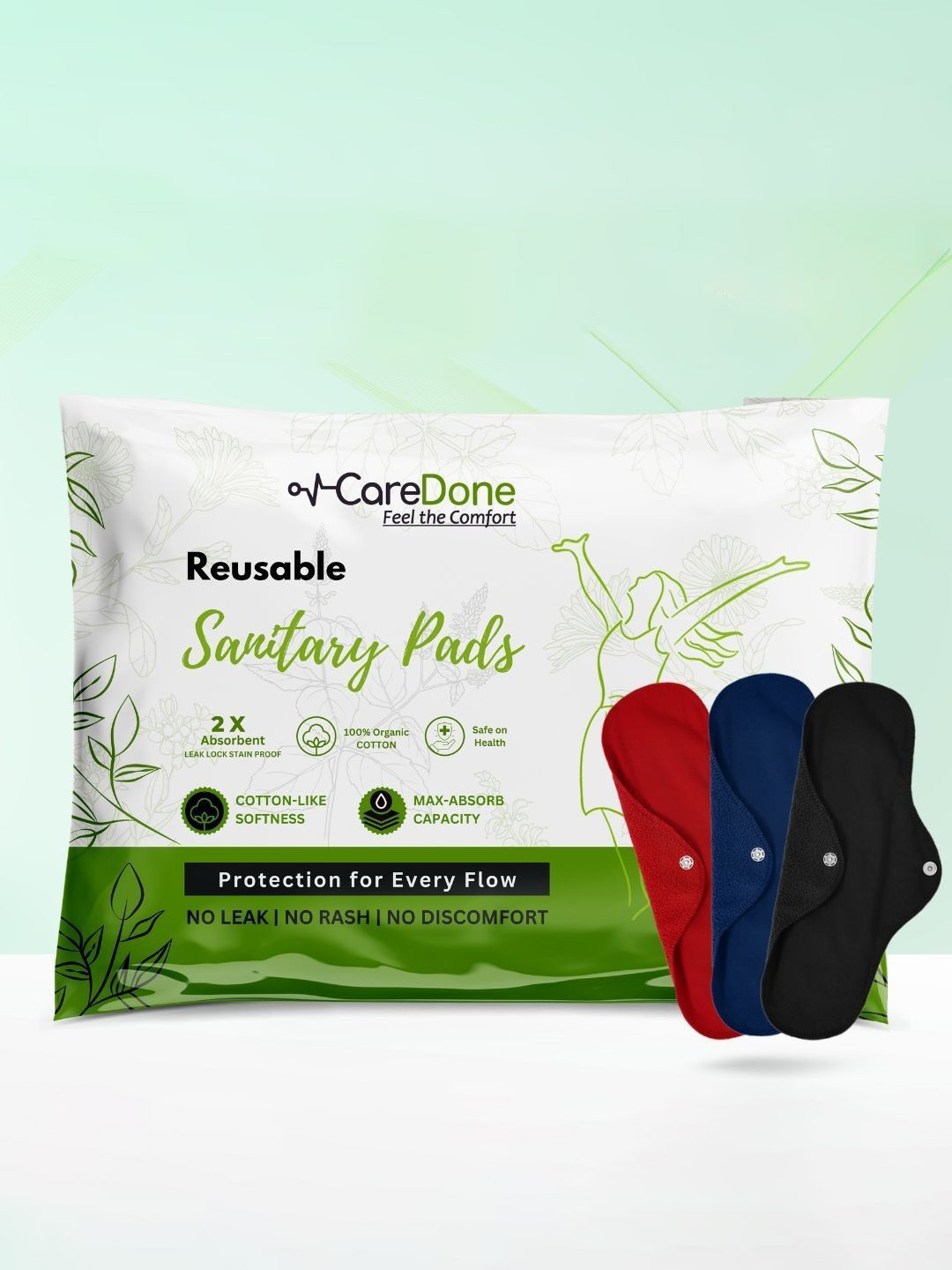 CareDone Set Of 3 Washable And Reusable Super Absorbent Cotton Sanitary Cloth Pad- XL