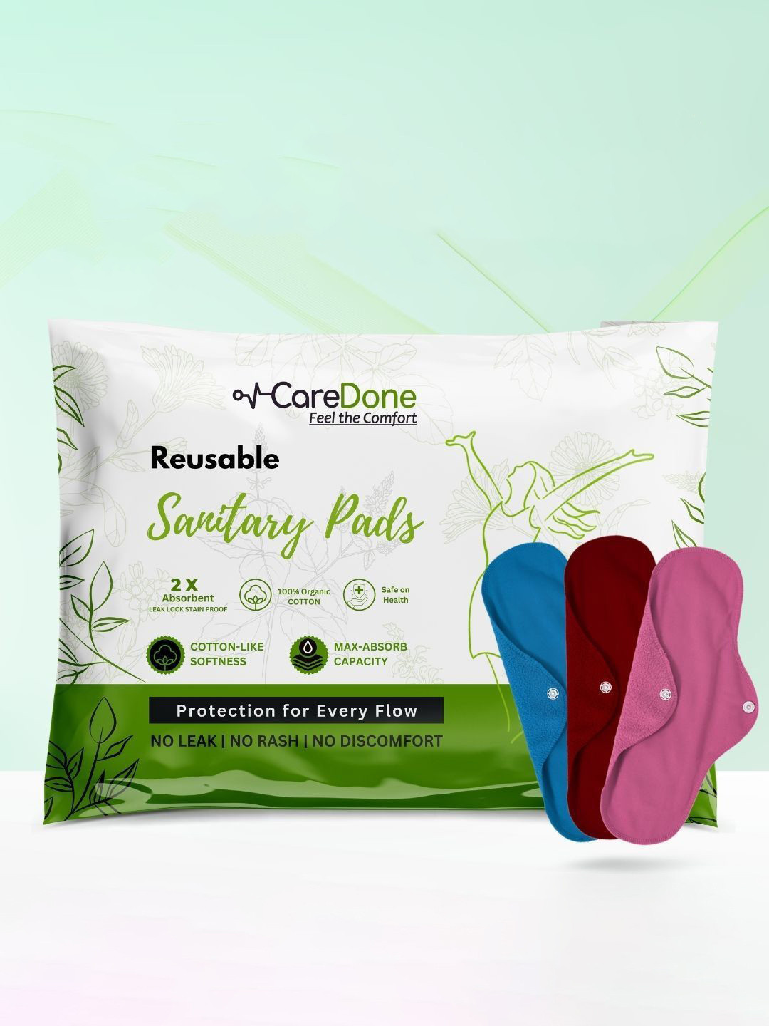 CareDone Set Of 3 Washable & Reusable Super Absorbent Comfy Cotton Sanitary Cloth Pad - XL