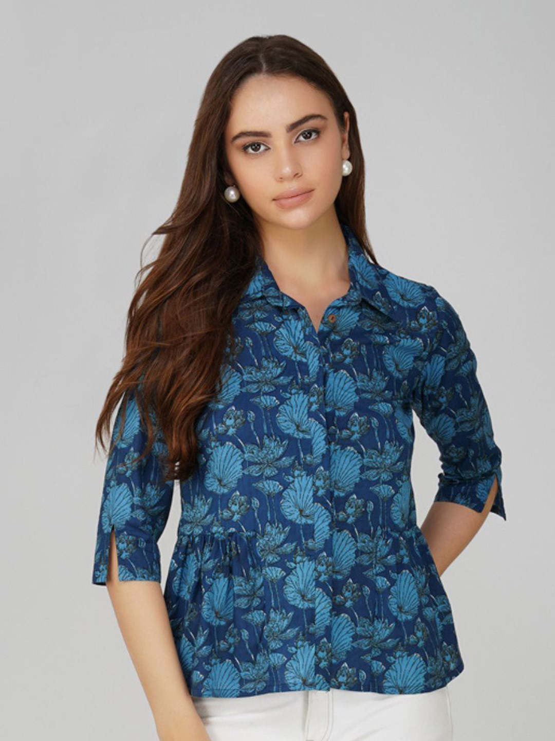 BAESD Wiomen Floral Printed Mandarin Collar Cotton Top