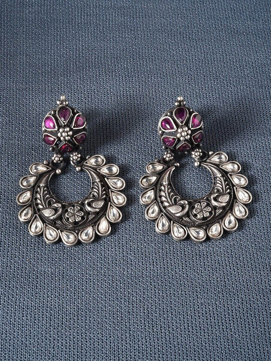 JAYPORE Sliver-Plated Oxidized Faux Ruby Stones Studded Crescent Shaped Chandbalis