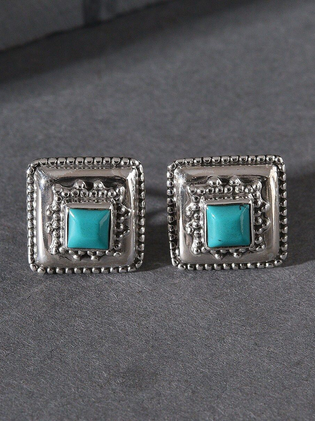 JAYPORE Silver-Plated Turquoise Stones Studded Square Oxidised Studs