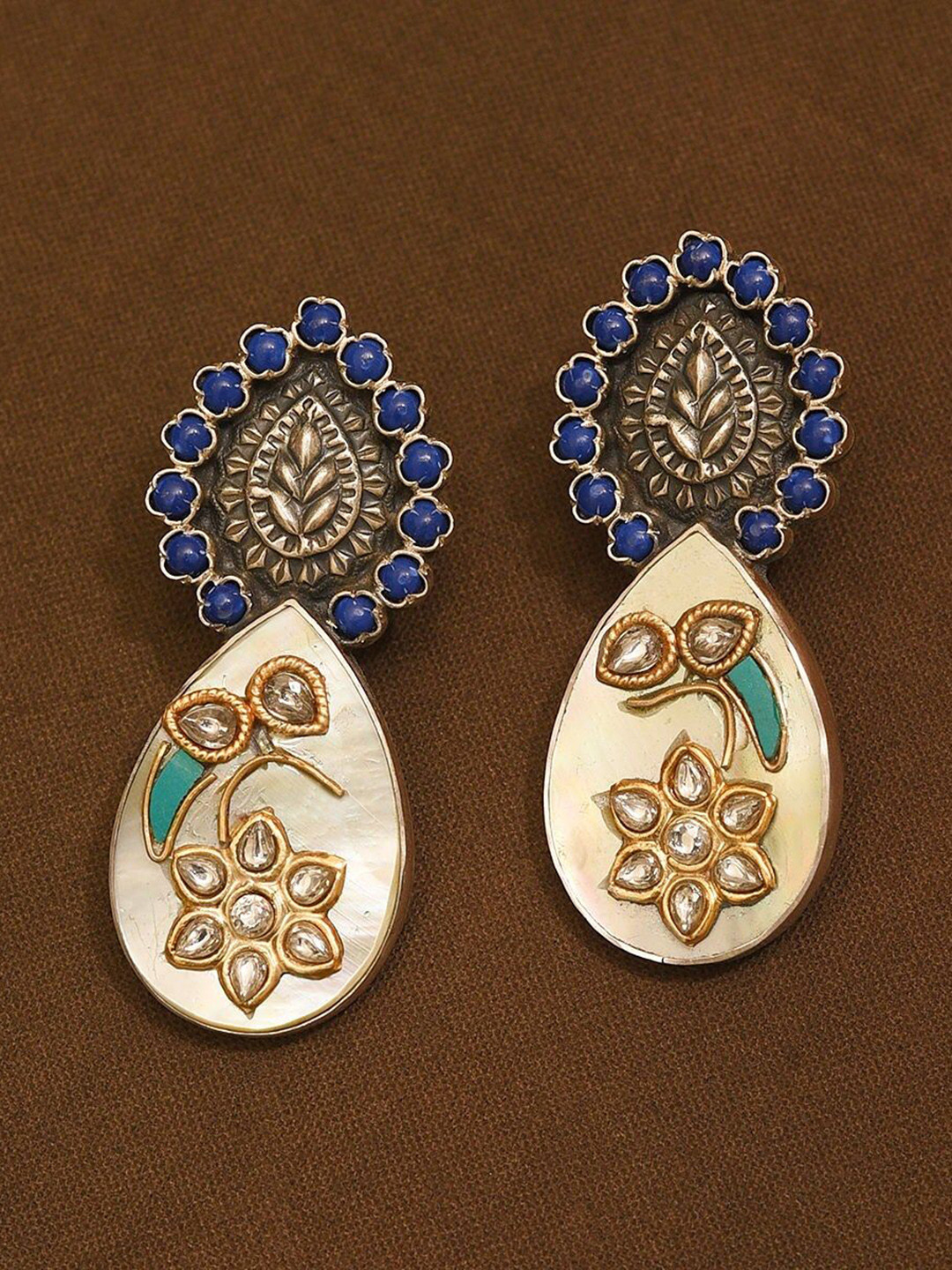 JAYPORE Gold-Plated Turquoise Stones Studded Teardrop Shaped Drop Earrings