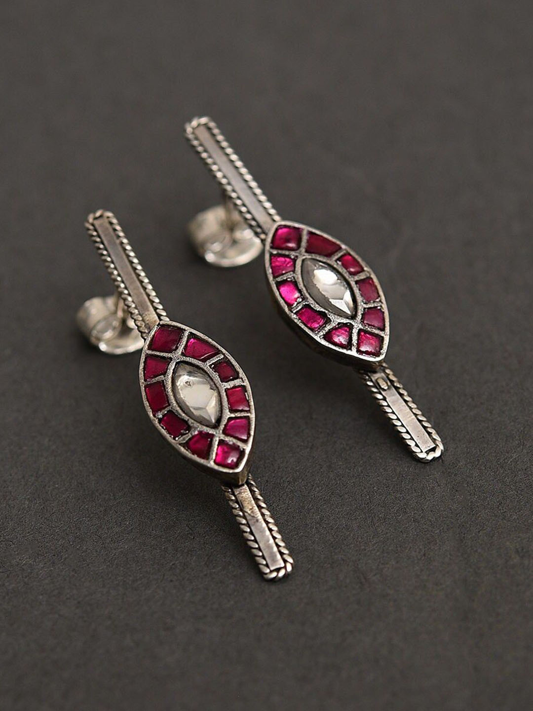 JAYPORE Silver-Plated Faux Ruby Stones Studded Contemporary Drop Earrings