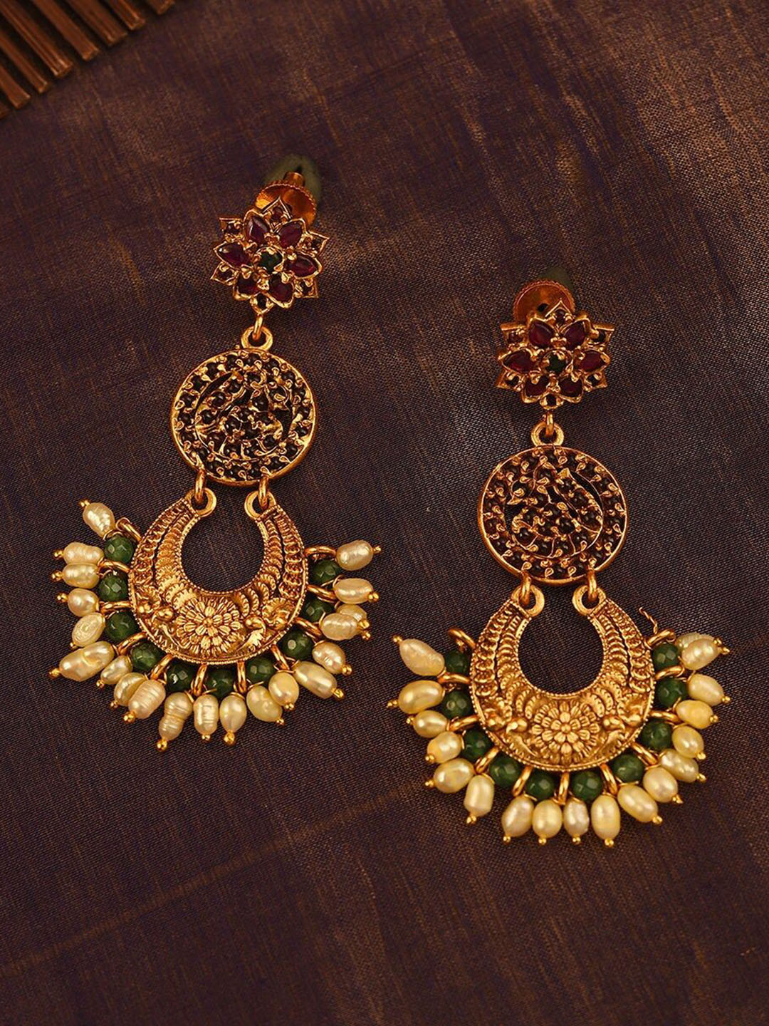 JAYPORE Gold-Plated Artificial Stones Studded Contemporary Shaped Jhumkas