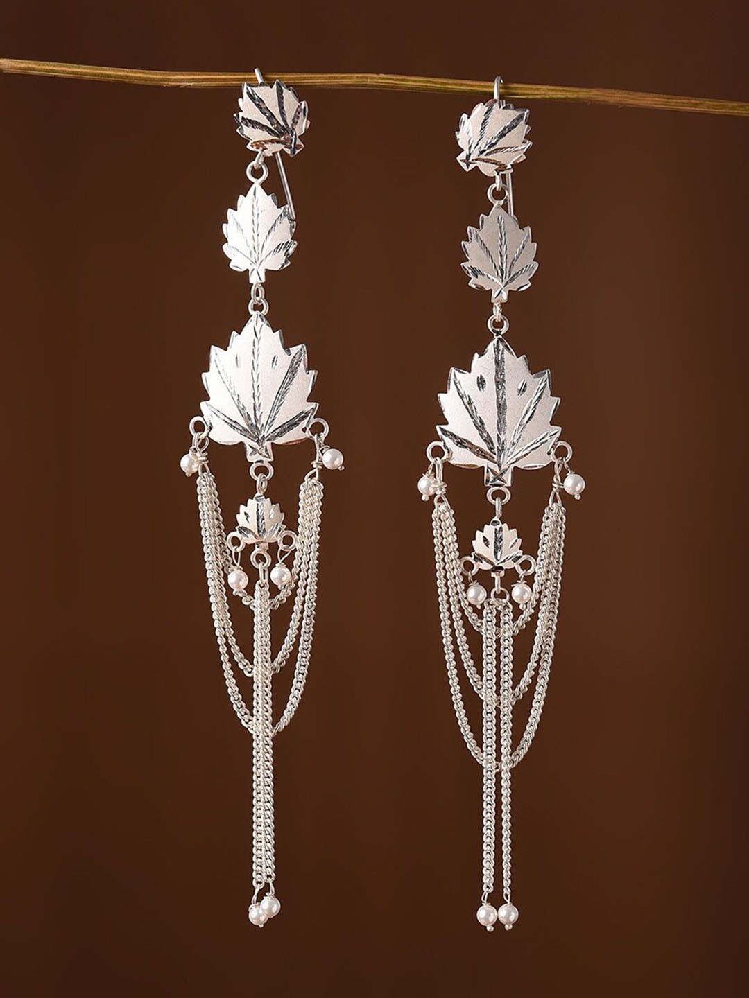 JAYPORE Silver-Plated Mother of Pearls Beaded Leaf Shaped Drop Earrings
