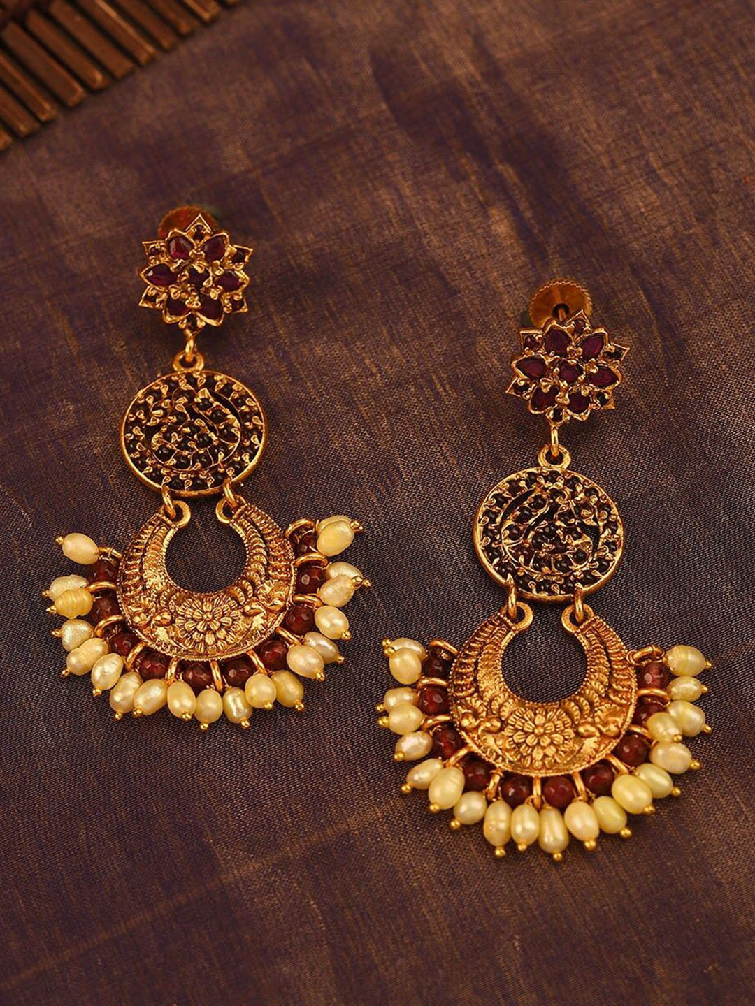 JAYPORE Gold Plated Artificial Stones Studded Contemporary Shaped Drop Earrings