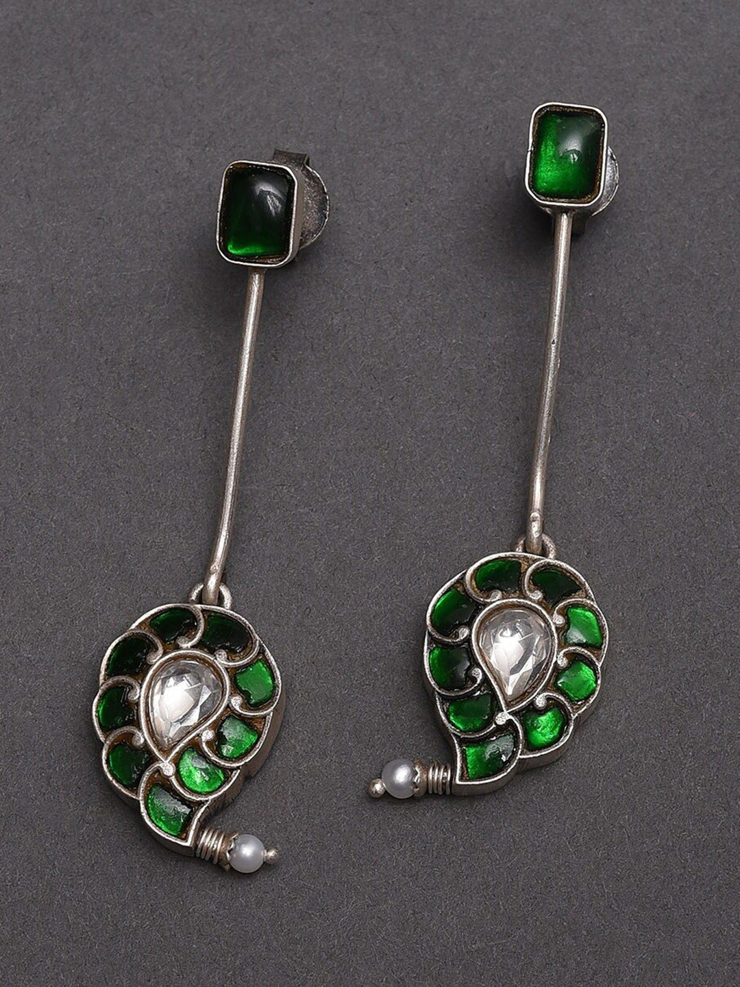 JAYPORE Artificial Kundan And Stones Studded Paisley Shaped Oxidised Drop Earrings